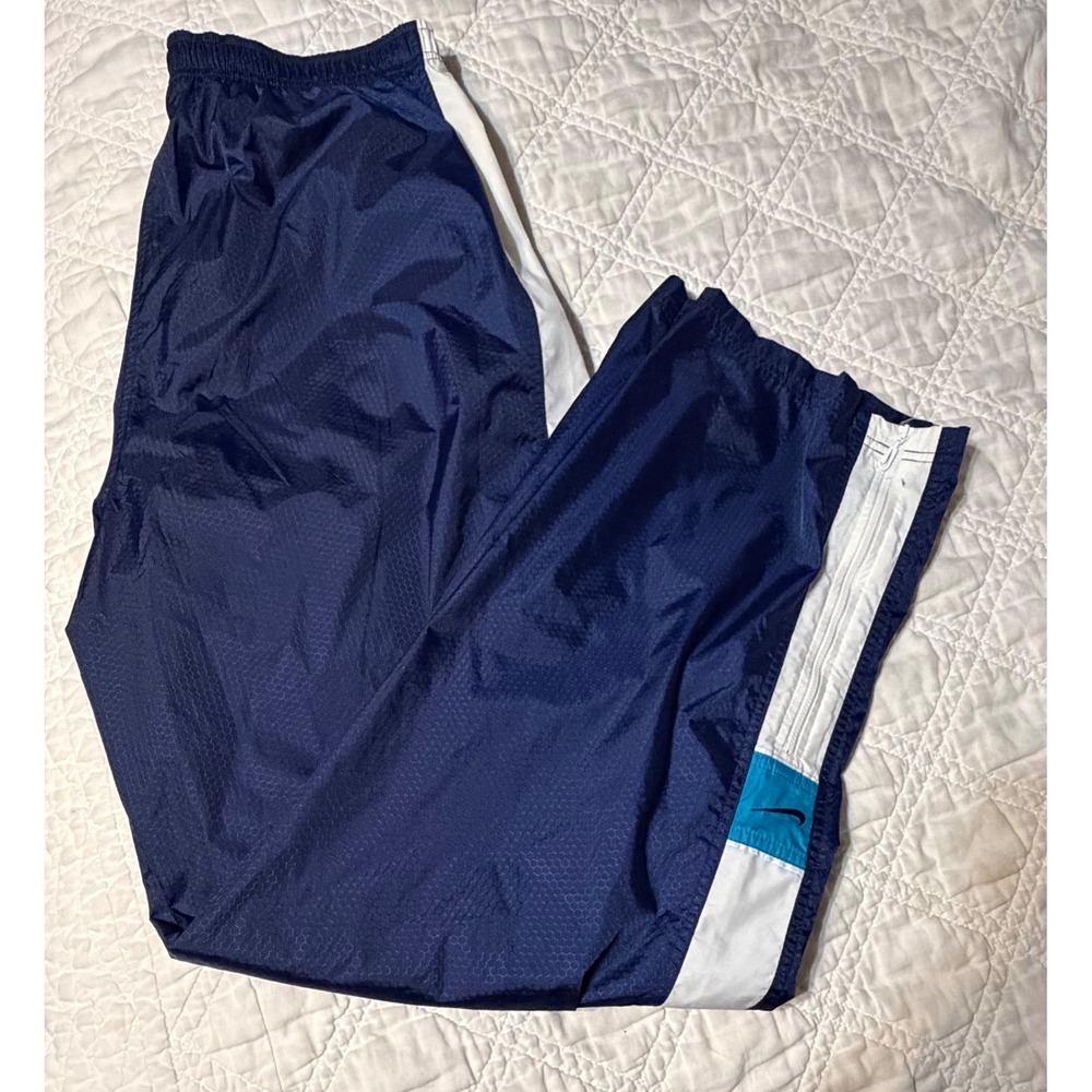 Nike Track Pants Navy Blue White Ankle Zip Honeycomb Ripstop XL Y2K silver tag
